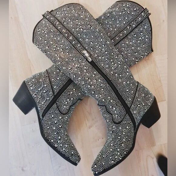 RHINESTONE KNEE HIGH HEELED COWBOY BOOTS - Picture 1 of 11